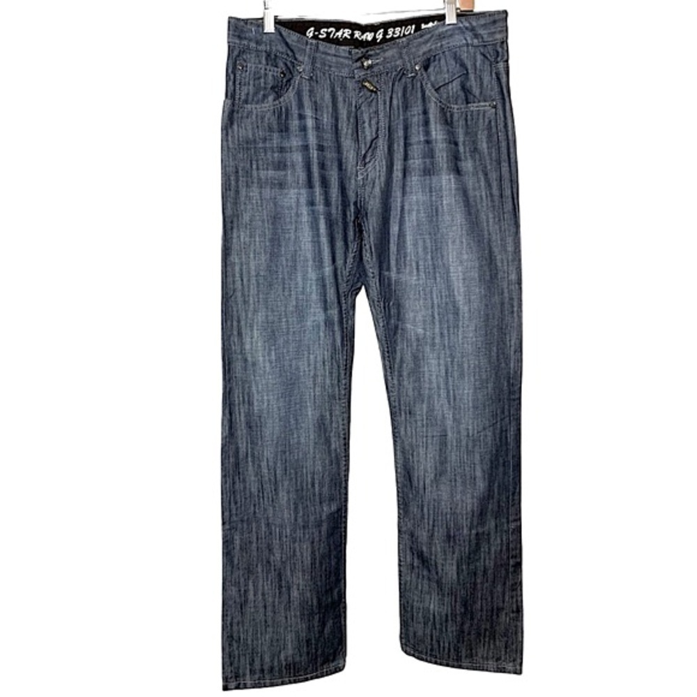 G Star Raw 3301 Straight Fit Jeans Blue Men Sz 36X33 Logo 5 Pockets Modern Denim